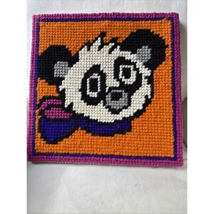 Vintage Handmade 15X15 Needlepoint Panda With Scarf‎ 1970s